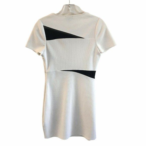 Express Mesh Cut-Out Bodycon Mini Dress 6 Black Ivory Scoop Neck Short Sleeves - Picture 4 of 7